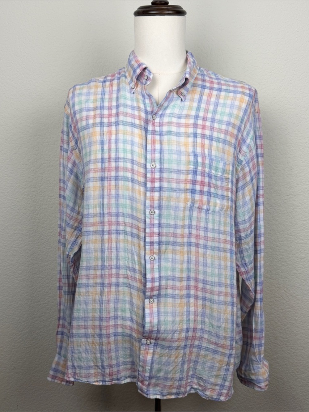 Peter Millar Crown Sport  100% Linen Multicolor Plaid Shirt XL